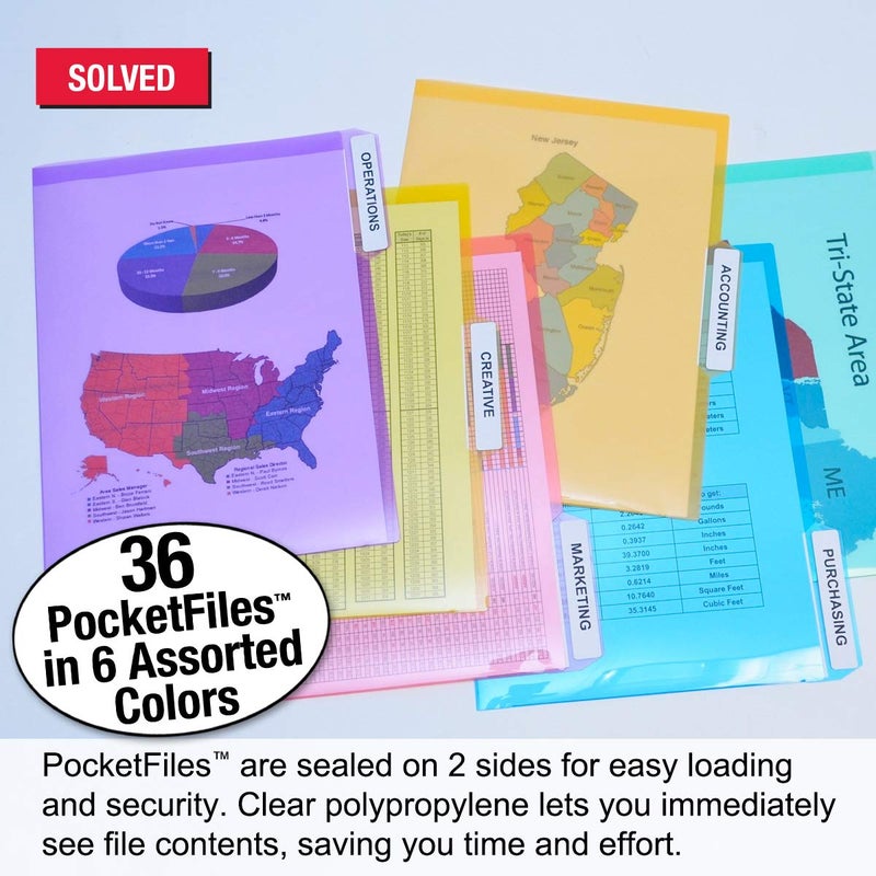Ultimate Office PocketFile Clear Poly Document Folder Project Pockets, 3rd-Cut, Letter Size, in 6 Assorted Colors, Set of 36 - Image 3